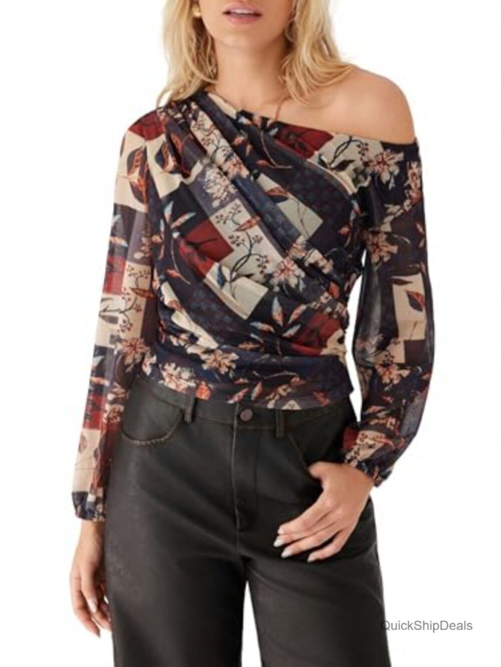 Women Mesh One Shoulder Ruched Long Sleeve Top Blouse